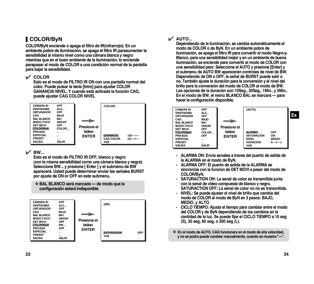 Samsung SCC-C4307P manual Esto es el modo de Filtro IR OFF, blanco y negro, La Alarma en el modo de ByN, MEDIO, y Alto 