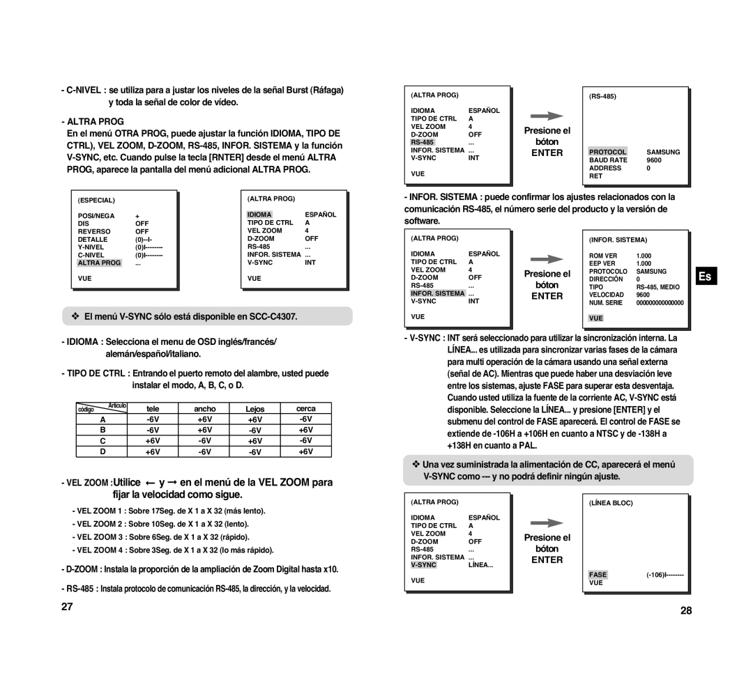 Samsung SCC-C4307P manual Idioma Selecciona el menu de OSD inglés/francés, Alemán/español/italiano 