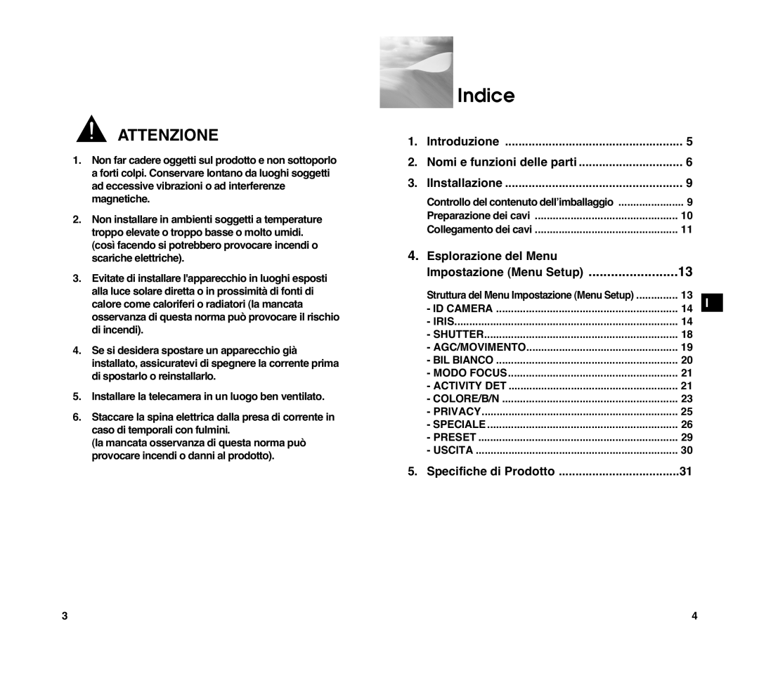 Samsung SCC-C4307P manual Indice, Struttura del Menu Impostazione Menu Setup, Speciale Preset 