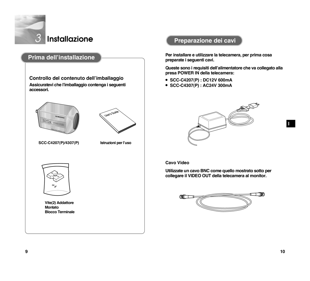 Samsung SCC-C4307P manual Installazione, Prima dell’installazione, Preparazione dei cavi, Cavo Video 