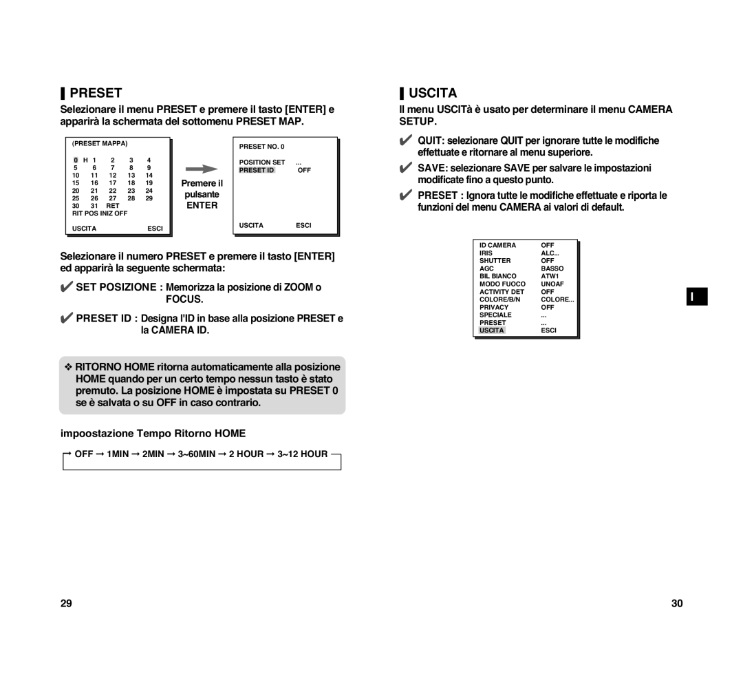 Samsung SCC-C4307P Uscita, Il menu USCITà è usato per determinare il menu Camera Setup, Impoostazione Tempo Ritorno Home 