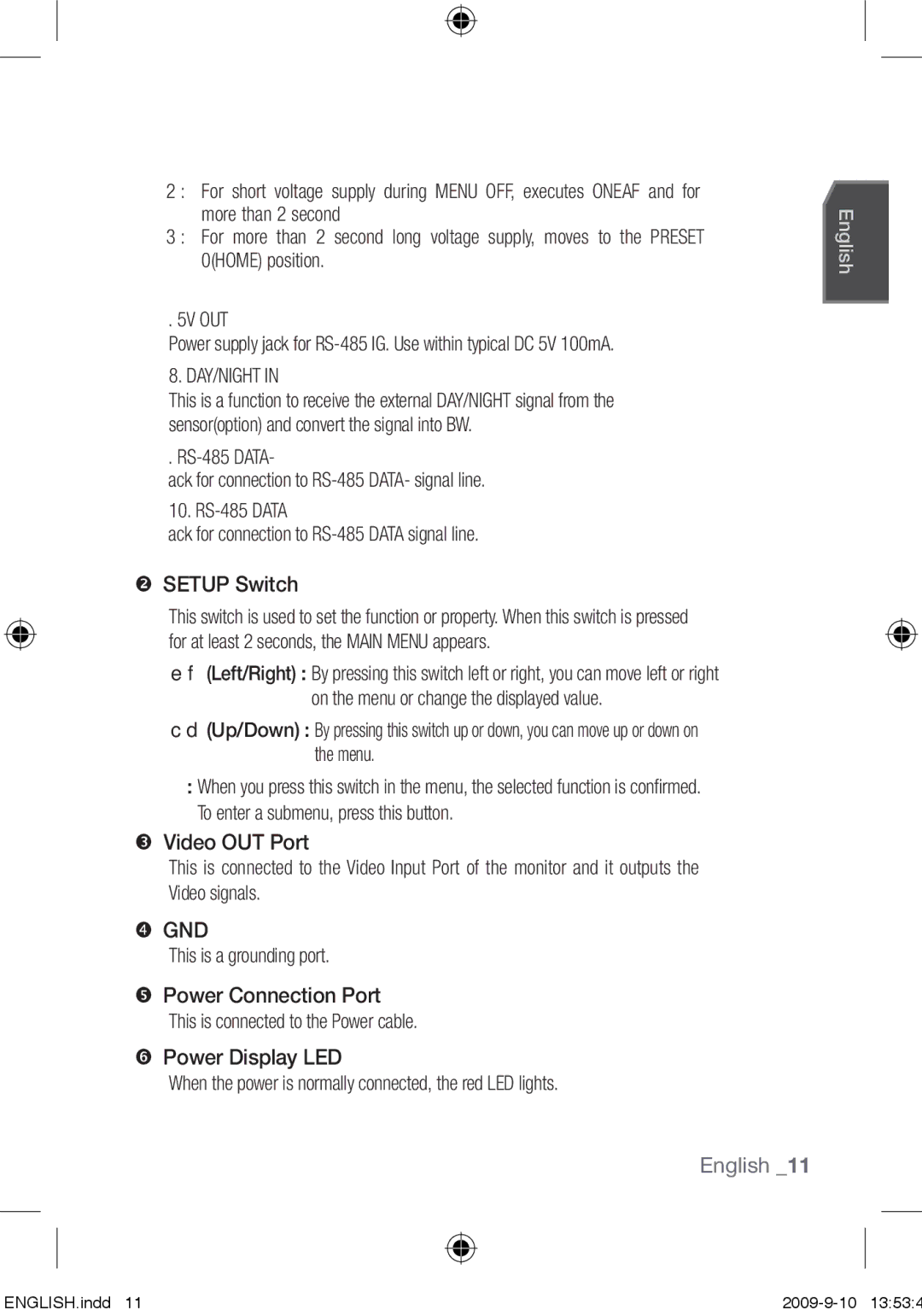 Samsung SCC-C4253P, SCC-C4353P  Setup Switch,  Video OUT Port,  Gnd,  Power Connection Port,  Power Display LED 