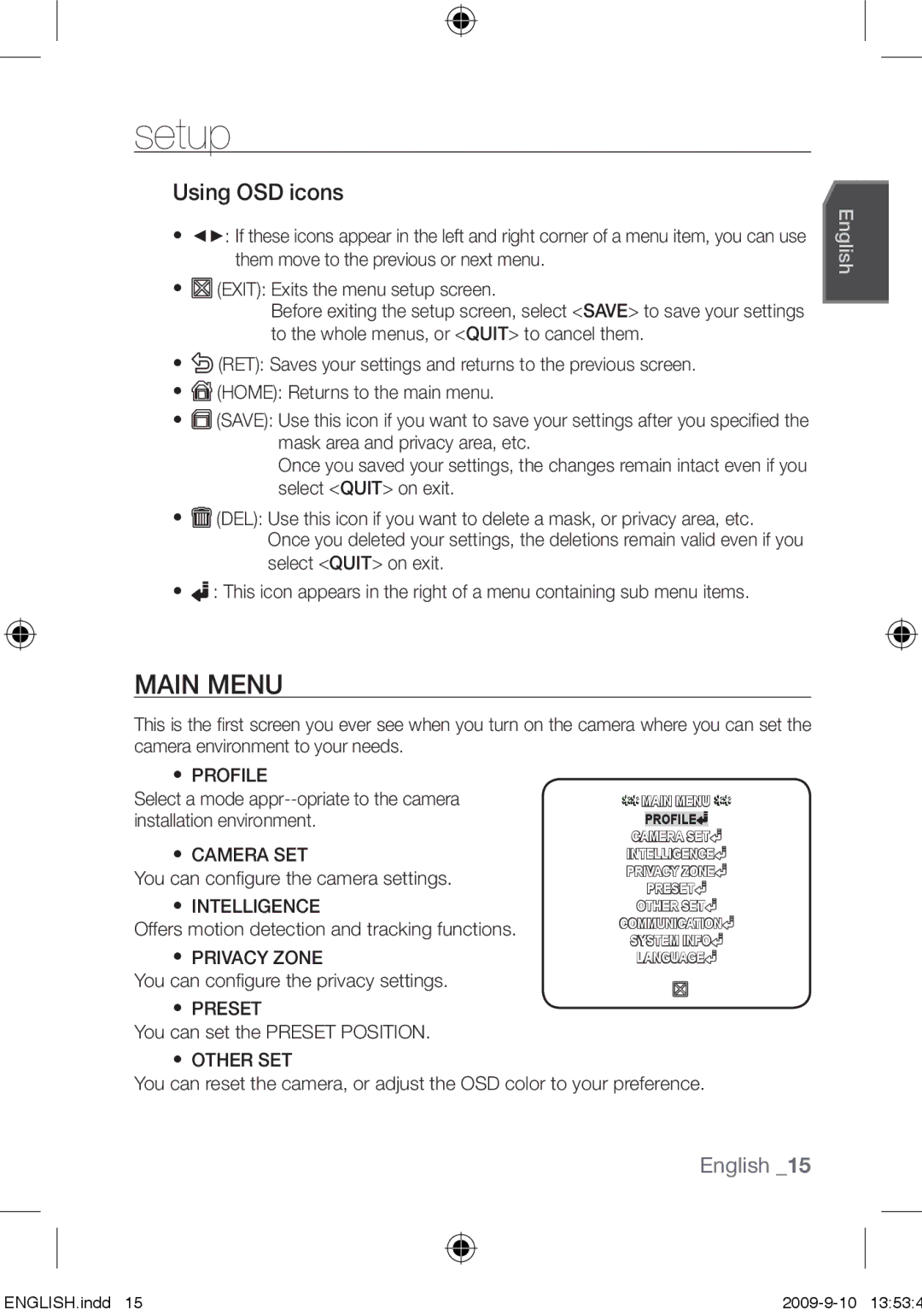 Samsung SCC-C4253P, SCC-C4353P, SCC-C4355P, SCC-C4255P user manual Main Menu, Using OSD icons 