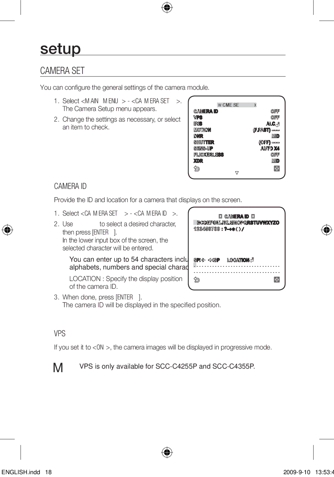 Samsung SCC-C4255P, SCC-C4353P, SCC-C4355P, SCC-C4253P user manual Camera SET, Camera ID, Vps 