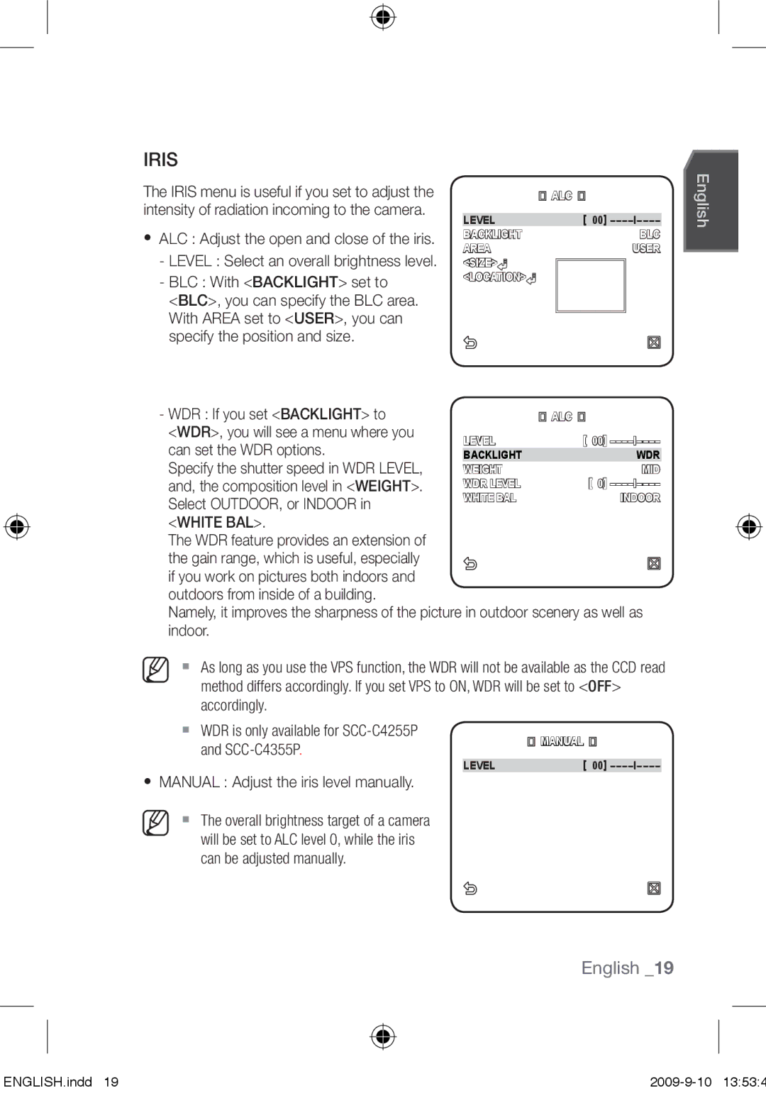 Samsung SCC-C4253P, SCC-C4353P, SCC-C4355P, SCC-C4255P user manual Iris, White BAL 