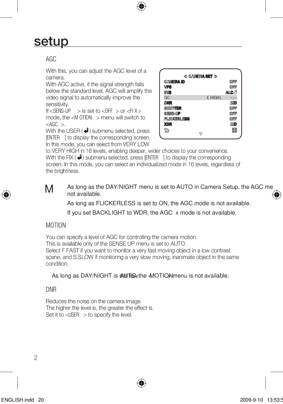 Samsung SCC-C4353P, SCC-C4355P, SCC-C4255P, SCC-C4253P user manual Agc, Motion, Dnr 