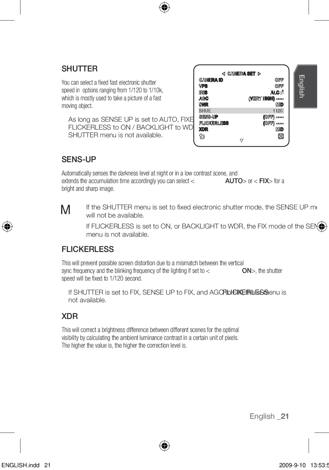 Samsung SCC-C4355P, SCC-C4353P, SCC-C4255P, SCC-C4253P user manual Shutter, Sens-Up, Flickerless, Xdr 