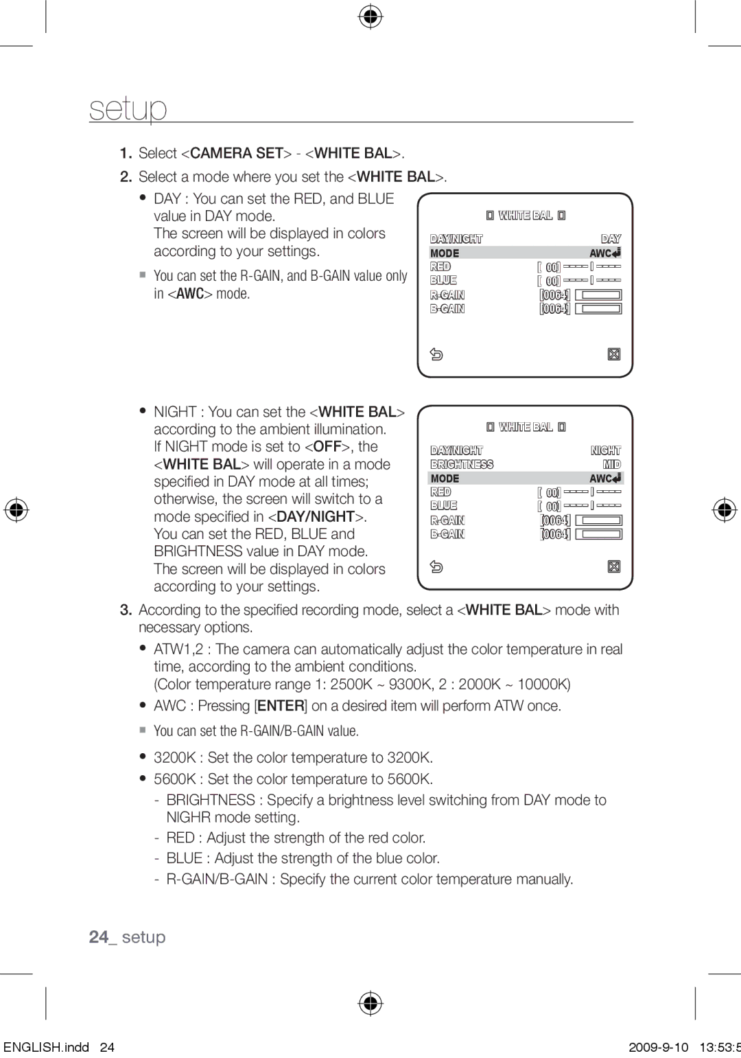 Samsung SCC-C4353P, SCC-C4355P, SCC-C4255P, SCC-C4253P user manual DAY/NIGHT Mode AWC RED Blue Gain 