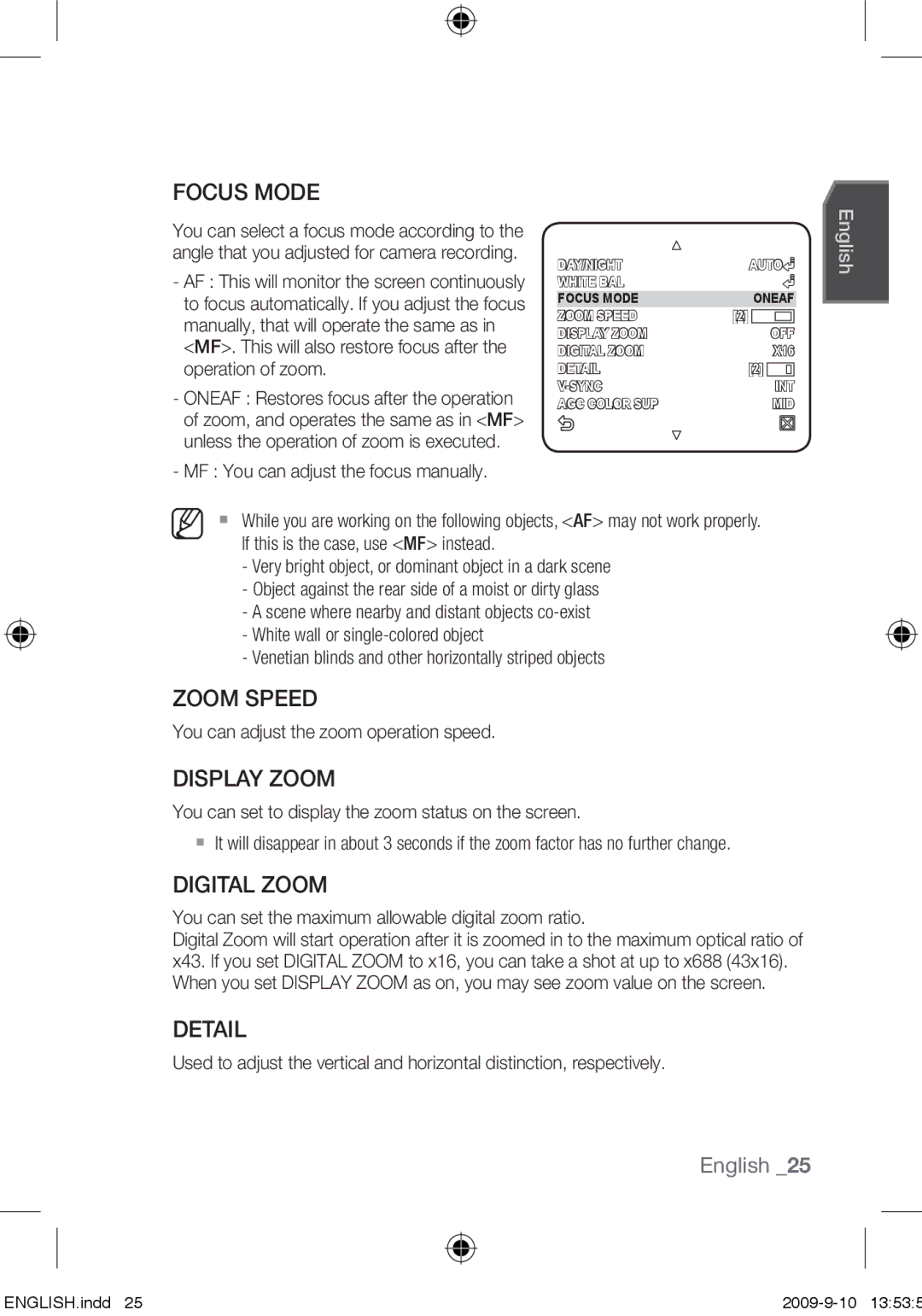 Samsung SCC-C4355P, SCC-C4353P, SCC-C4255P, SCC-C4253P user manual Zoom Speed, Display Zoom, Digital Zoom, Detail 