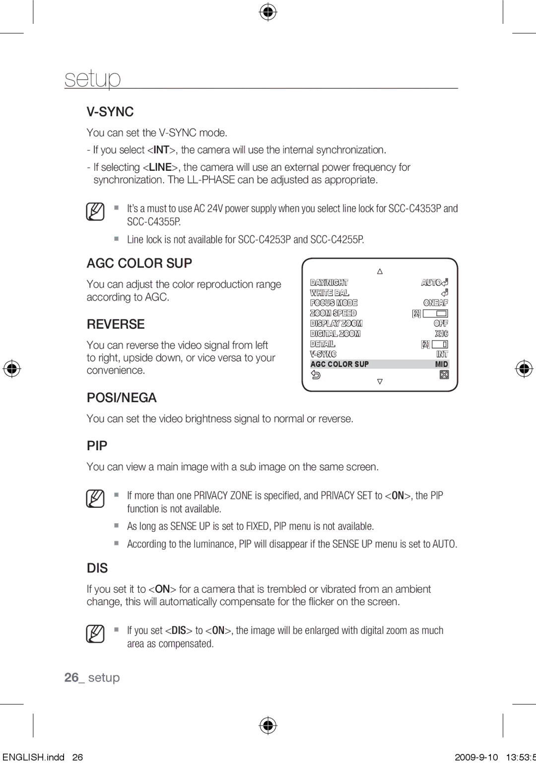 Samsung SCC-C4255P, SCC-C4353P, SCC-C4355P, SCC-C4253P user manual Sync, AGC Color SUP, Reverse, Posi/Nega, Pip, Dis 