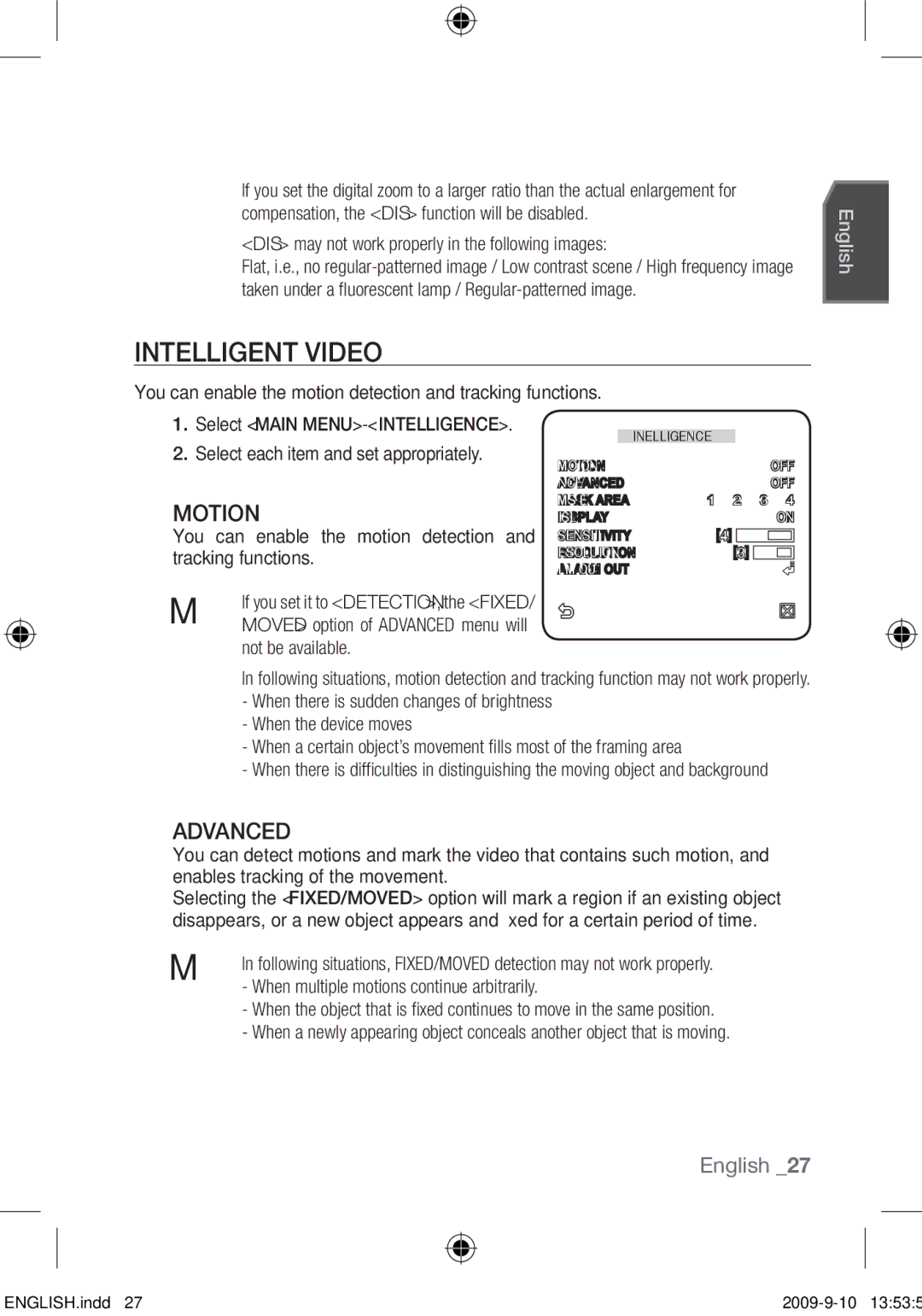 Samsung SCC-C4253P, SCC-C4353P, SCC-C4355P, SCC-C4255P user manual Intelligent Video, Advanced 