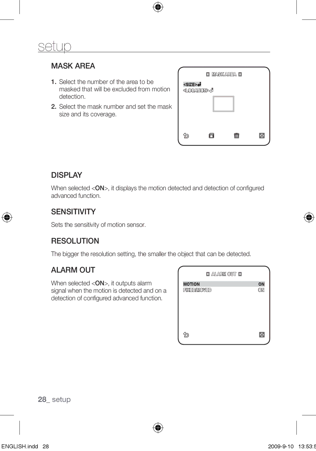 Samsung SCC-C4353P, SCC-C4355P, SCC-C4255P, SCC-C4253P user manual Mask Area, Display, Sensitivity, Resolution, Alarm OUT 