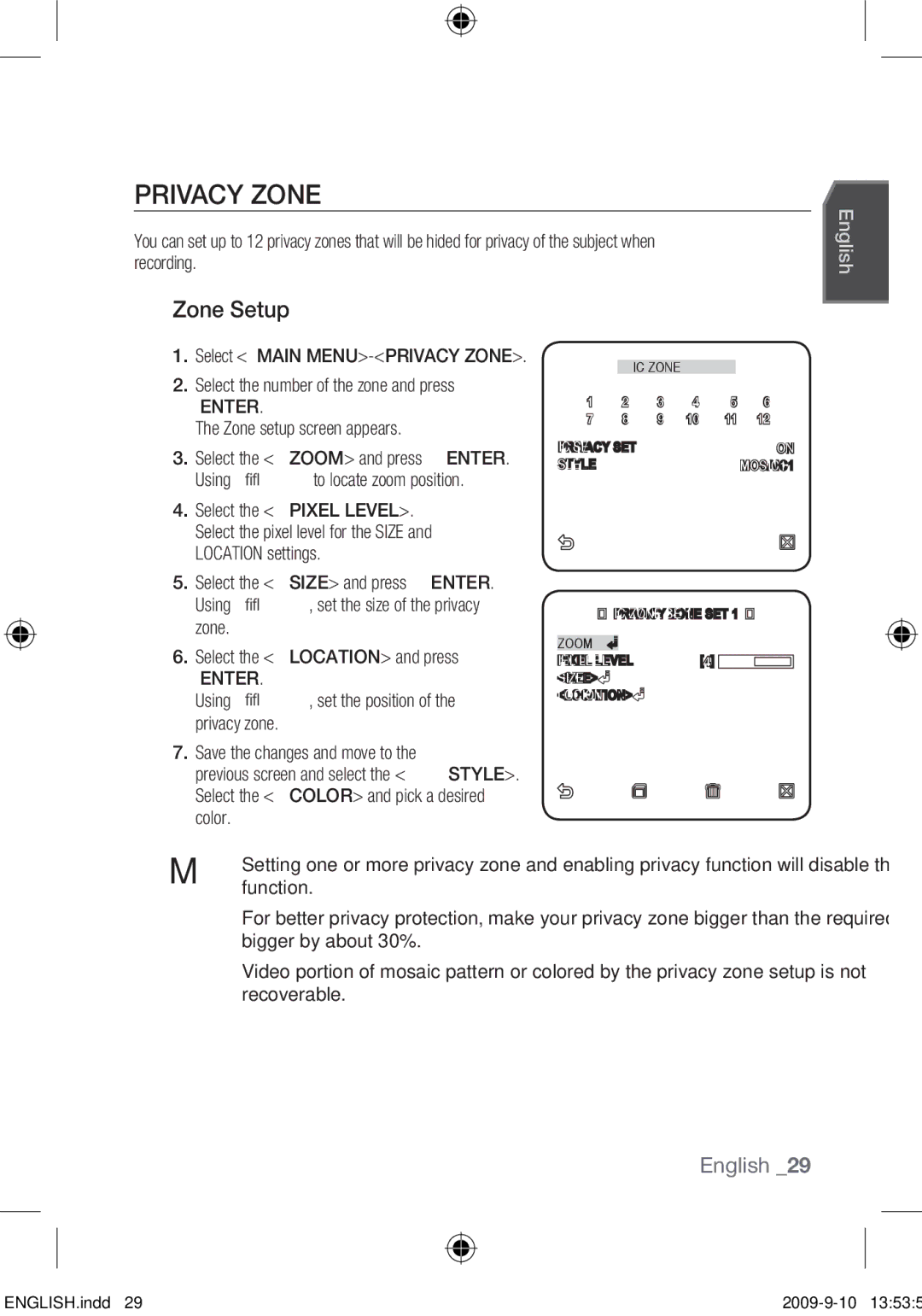 Samsung SCC-C4355P, SCC-C4353P, SCC-C4255P, SCC-C4253P user manual Privacy Zone, Zone Setup 