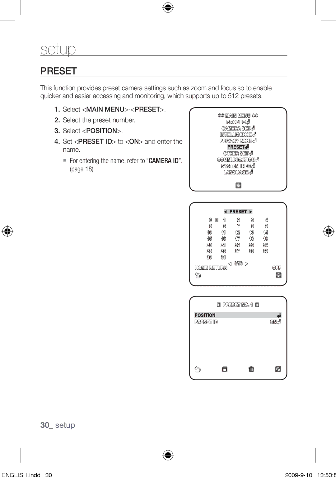 Samsung SCC-C4255P, SCC-C4353P, SCC-C4355P, SCC-C4253P user manual Preset 