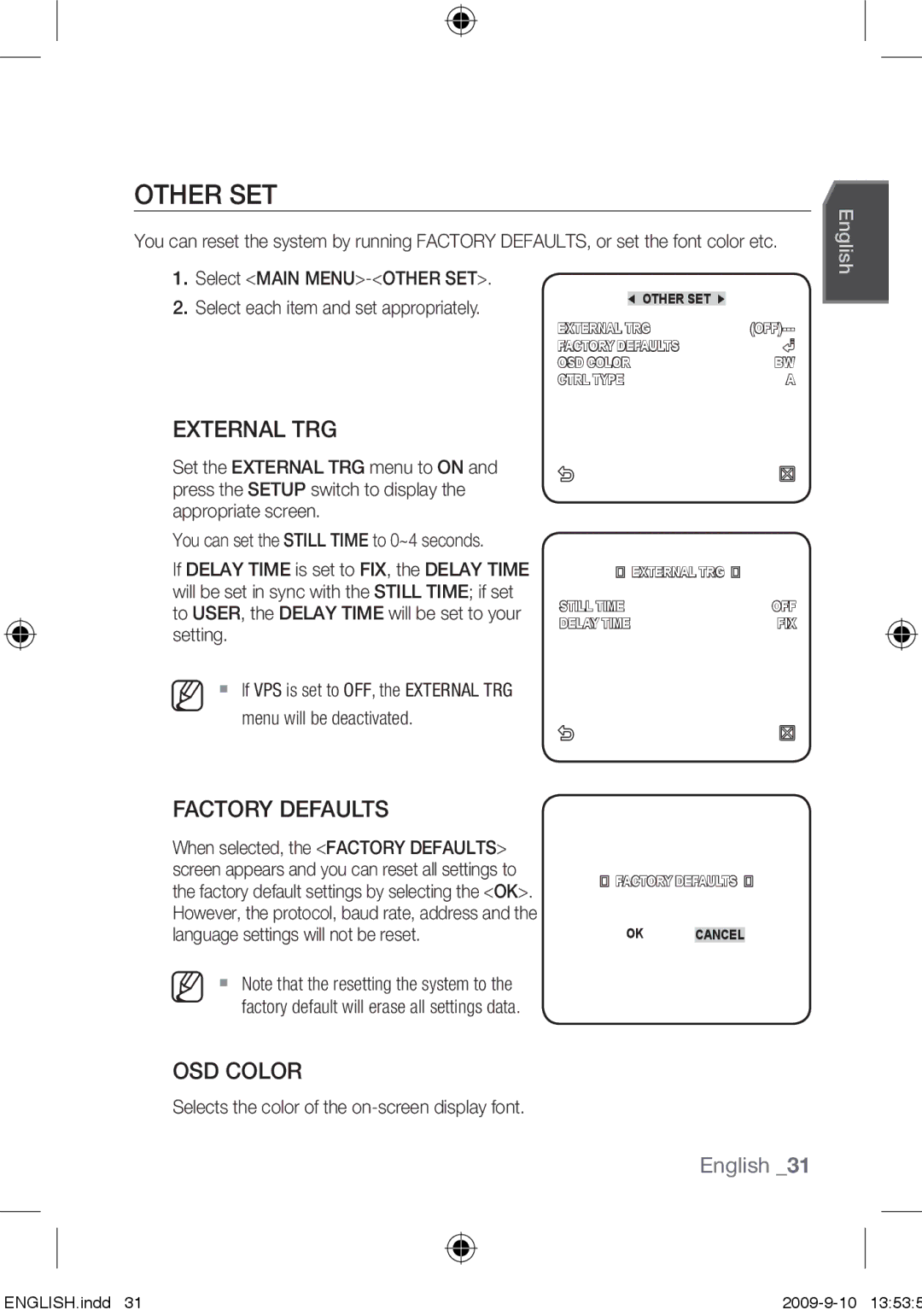 Samsung SCC-C4253P, SCC-C4353P, SCC-C4355P, SCC-C4255P user manual Other SET, External TRG, Factory Defaults, OSD Color 