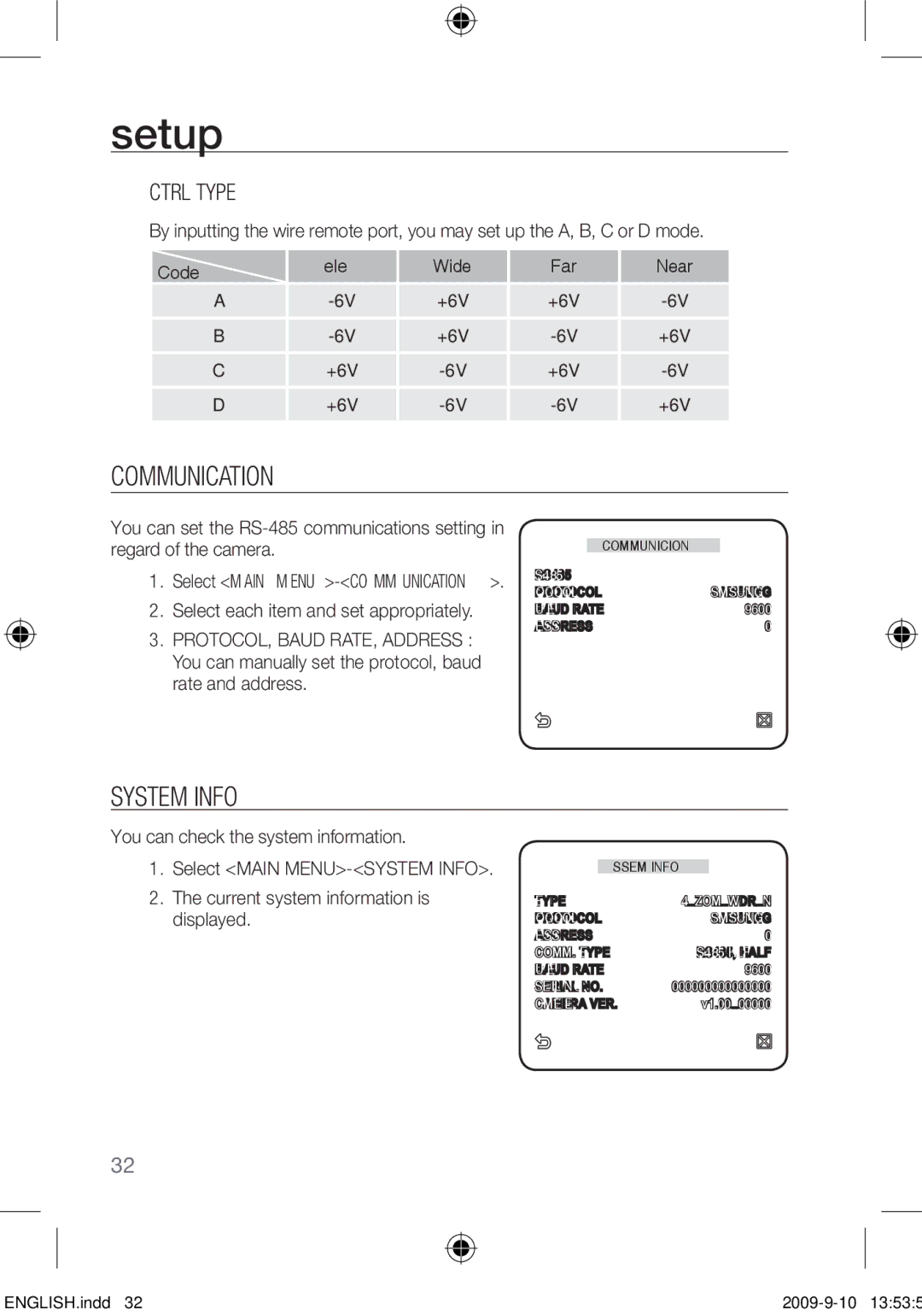 Samsung SCC-C4353P, SCC-C4355P, SCC-C4255P, SCC-C4253P user manual Communication, System Info, Ctrl Type 