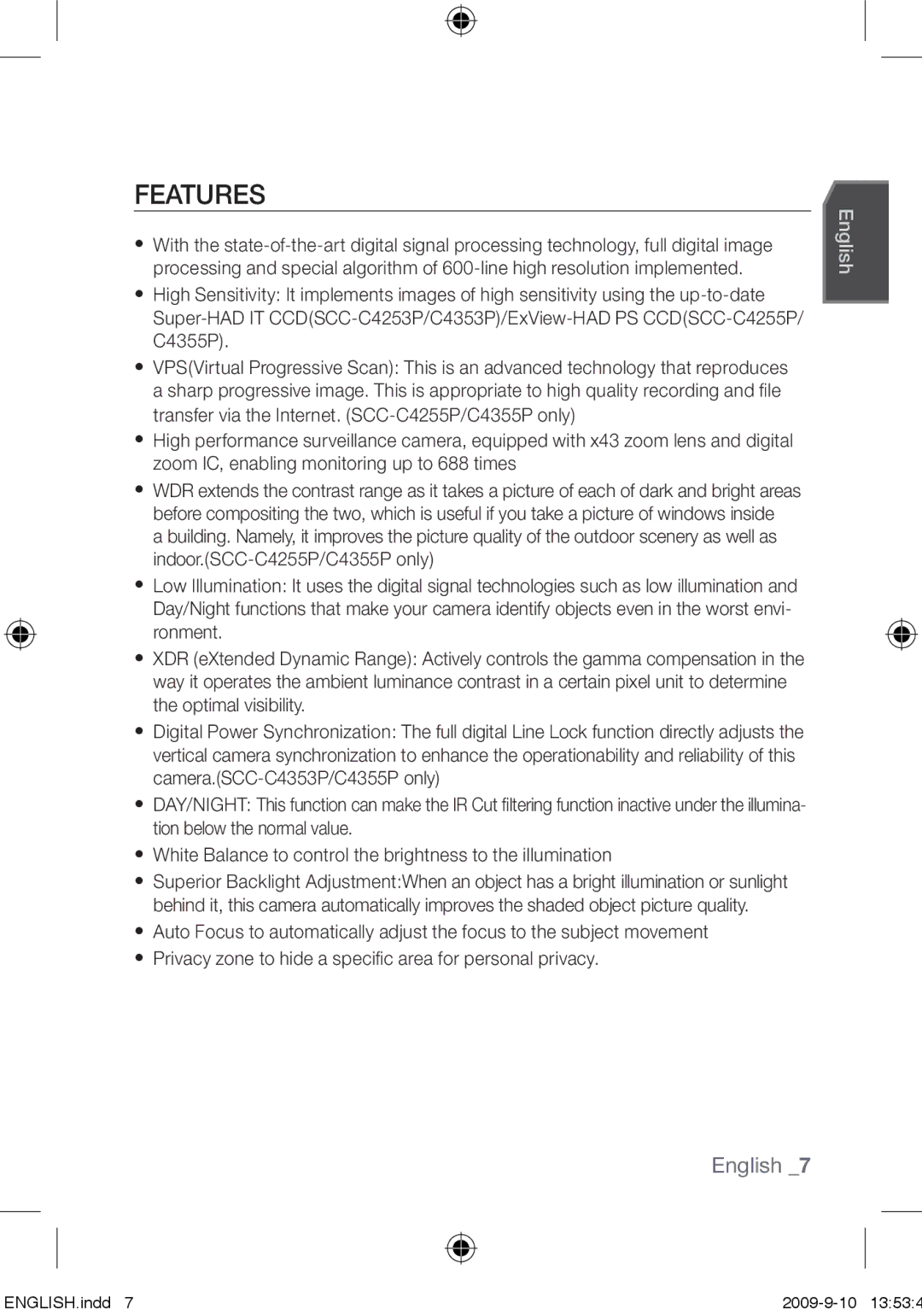 Samsung SCC-C4253P, SCC-C4353P, SCC-C4355P, SCC-C4255P user manual Features 