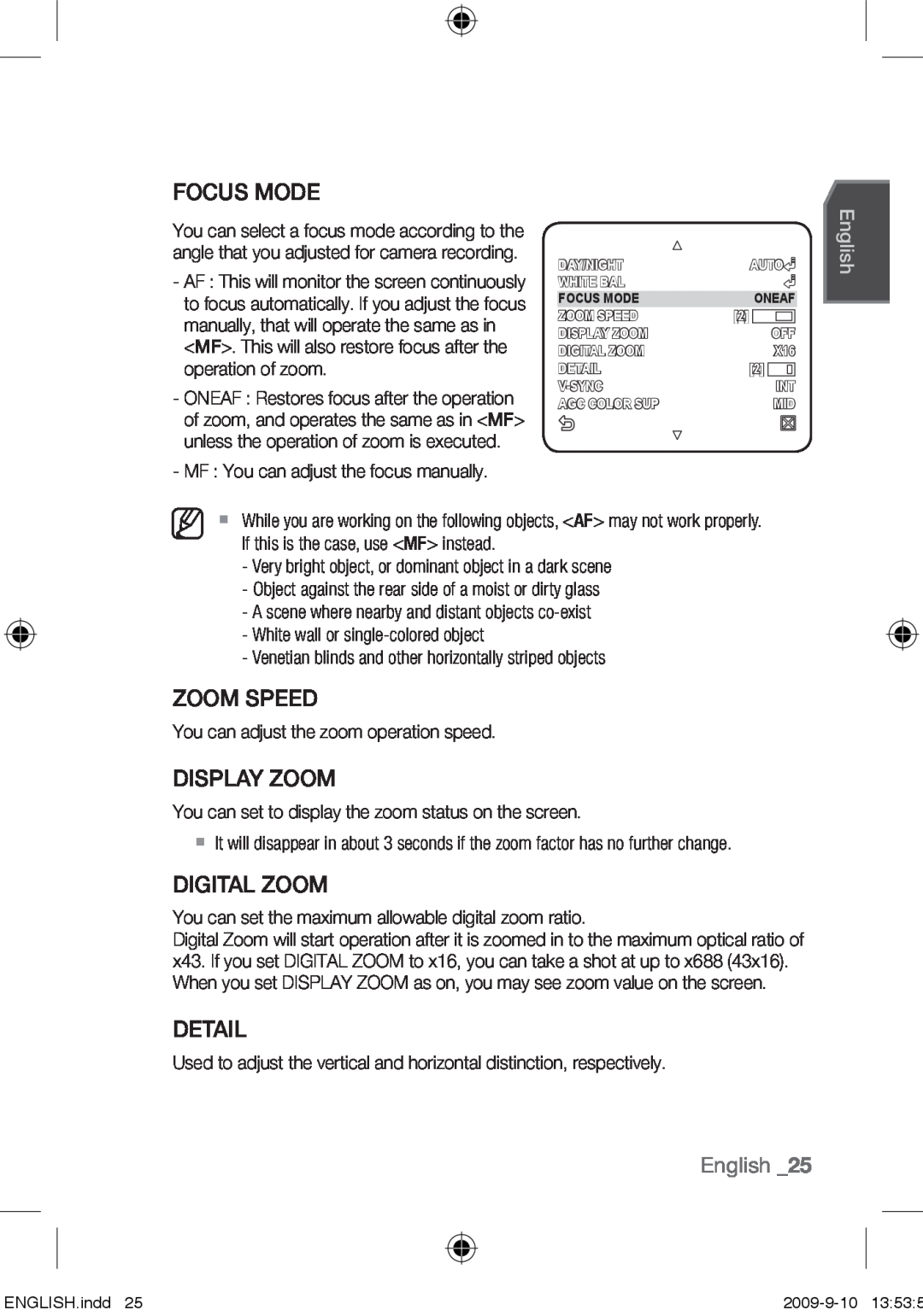 Samsung SCC-C4355P, SCC-C4353P Focus Mode, Zoom Speed, Display Zoom, Digital Zoom, Detail, English, operation of zoom 