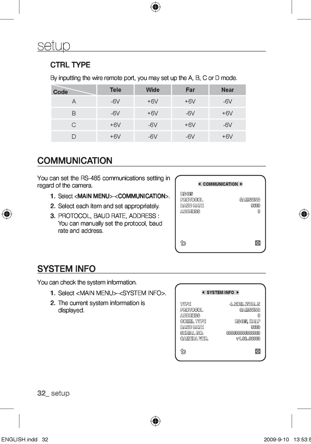 Samsung SCC-C4353P, SCC-C4355P, SCC-C4255P, SCC-C4253P user manual Communication, System Info, Ctrl Type, setup 