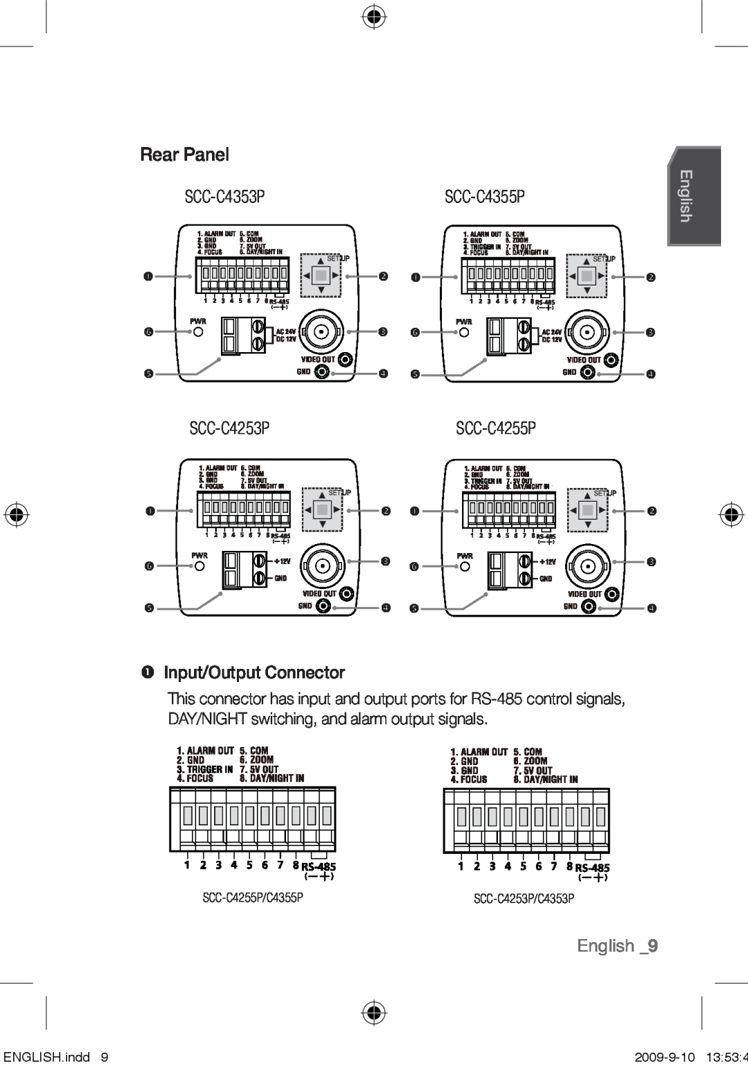 Samsung SCC-C4355P Rear Panel, SCC-C4353P, SCC-C4253P,  Input/Output Connector, English , ENGLISH.indd, 2009-9-10 