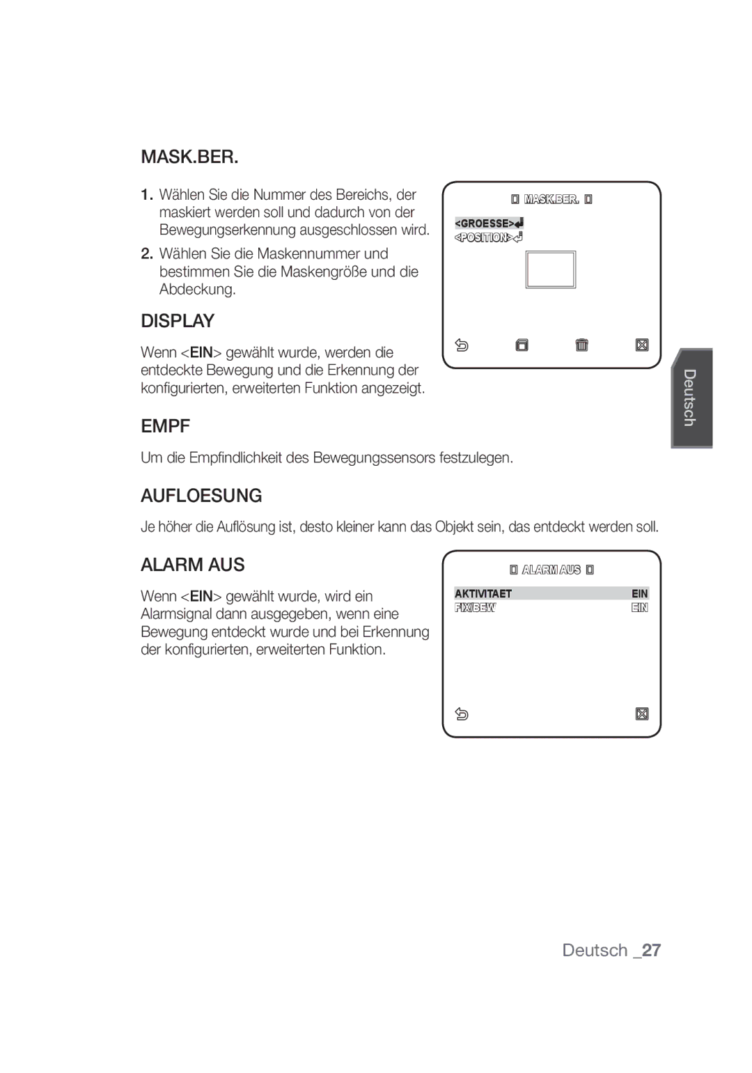 Samsung SCC-C4355P manual Mask.Ber, Aufloesung, Alarm AUS, Um die Empfindlichkeit des Bewegungssensors festzulegen 