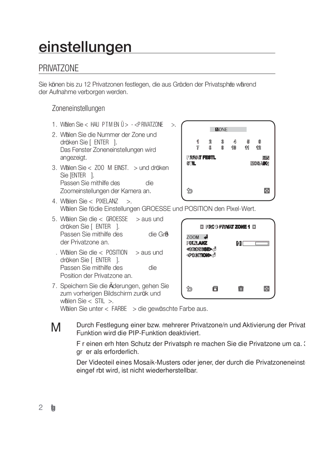 Samsung SCC-C4253P Privatzone, Zoneneinstellungen, Funktion wird die PIP-Funktion deaktiviert, Größer als erforderlich 