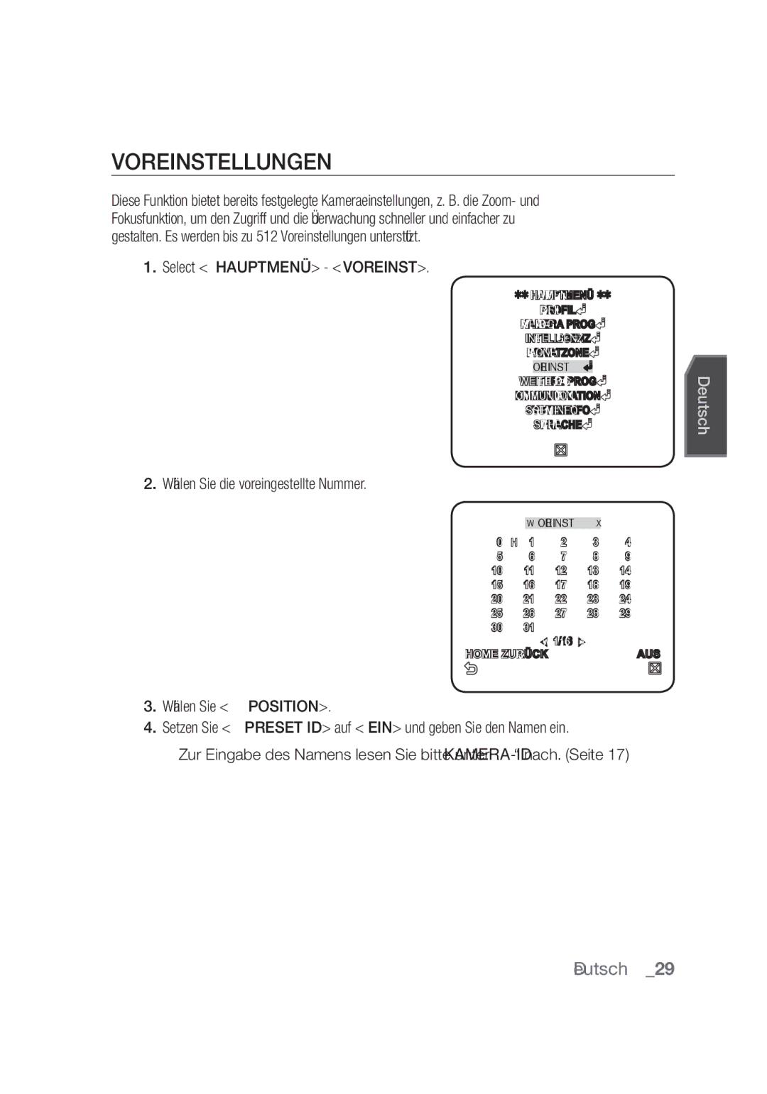 Samsung SCC-C4355P, SCC-C4253P manual Voreinstellungen, Select Hauptmenü Voreinst, Wählen Sie die voreingestellte Nummer 