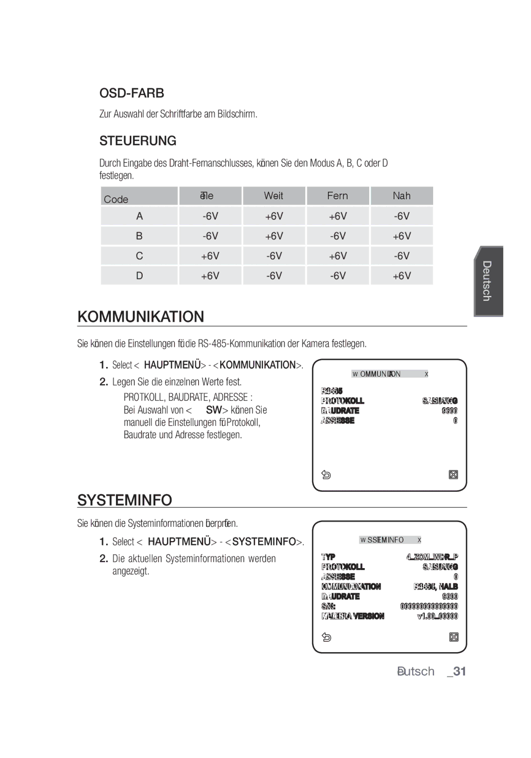 Samsung SCC-C4355P, SCC-C4253P Kommunikation, Systeminfo, Osd-Farb, Steuerung, Zur Auswahl der Schriftfarbe am Bildschirm 