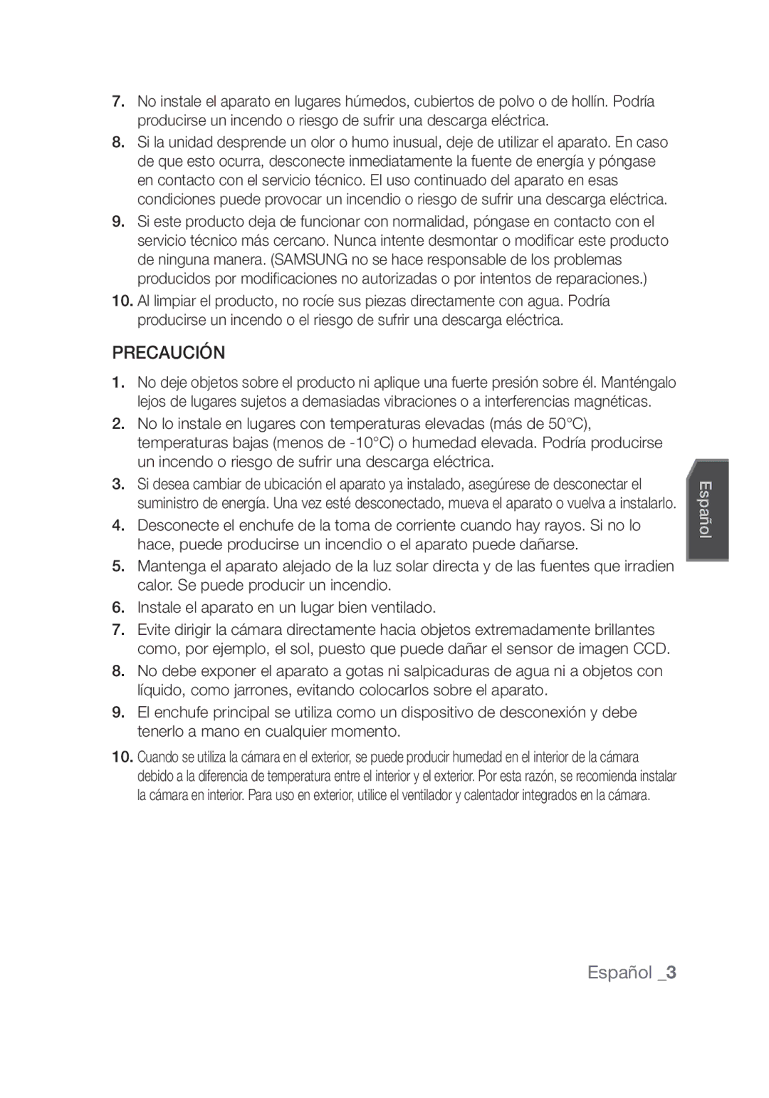 Samsung SCC-C4355P, SCC-C4253P manual Precaución, Español  