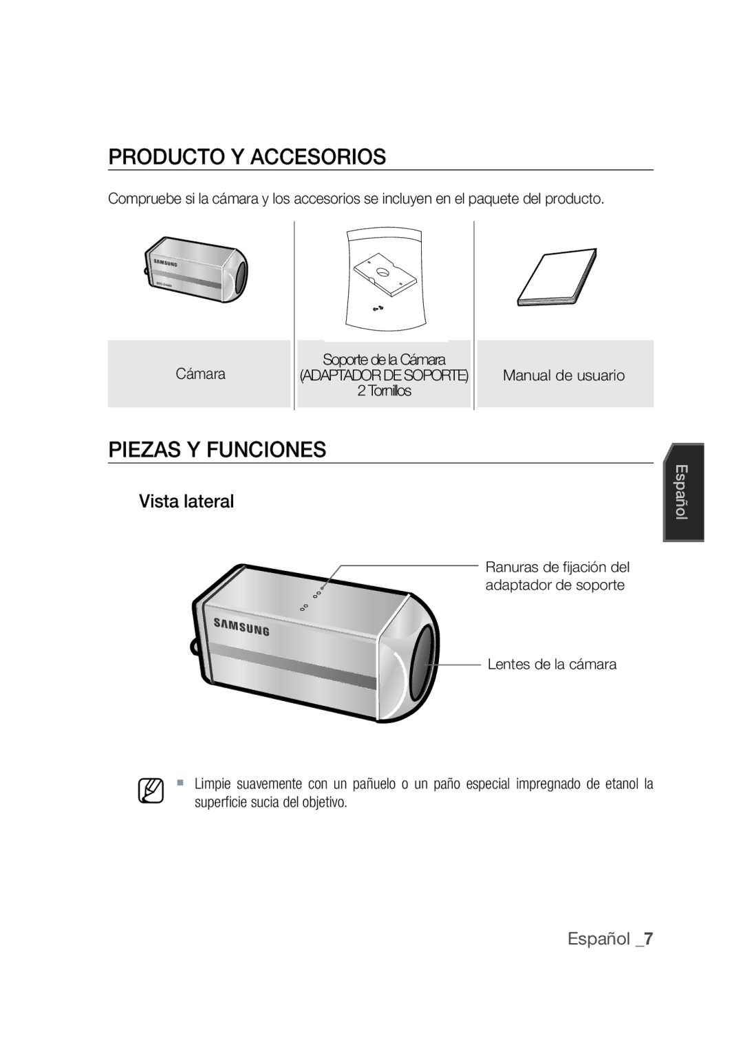 Samsung SCC-C4355P manual Producto Y Accesorios, Piezas y funciones, Vista lateral, Manual de usuario, Lentes de la cámara 