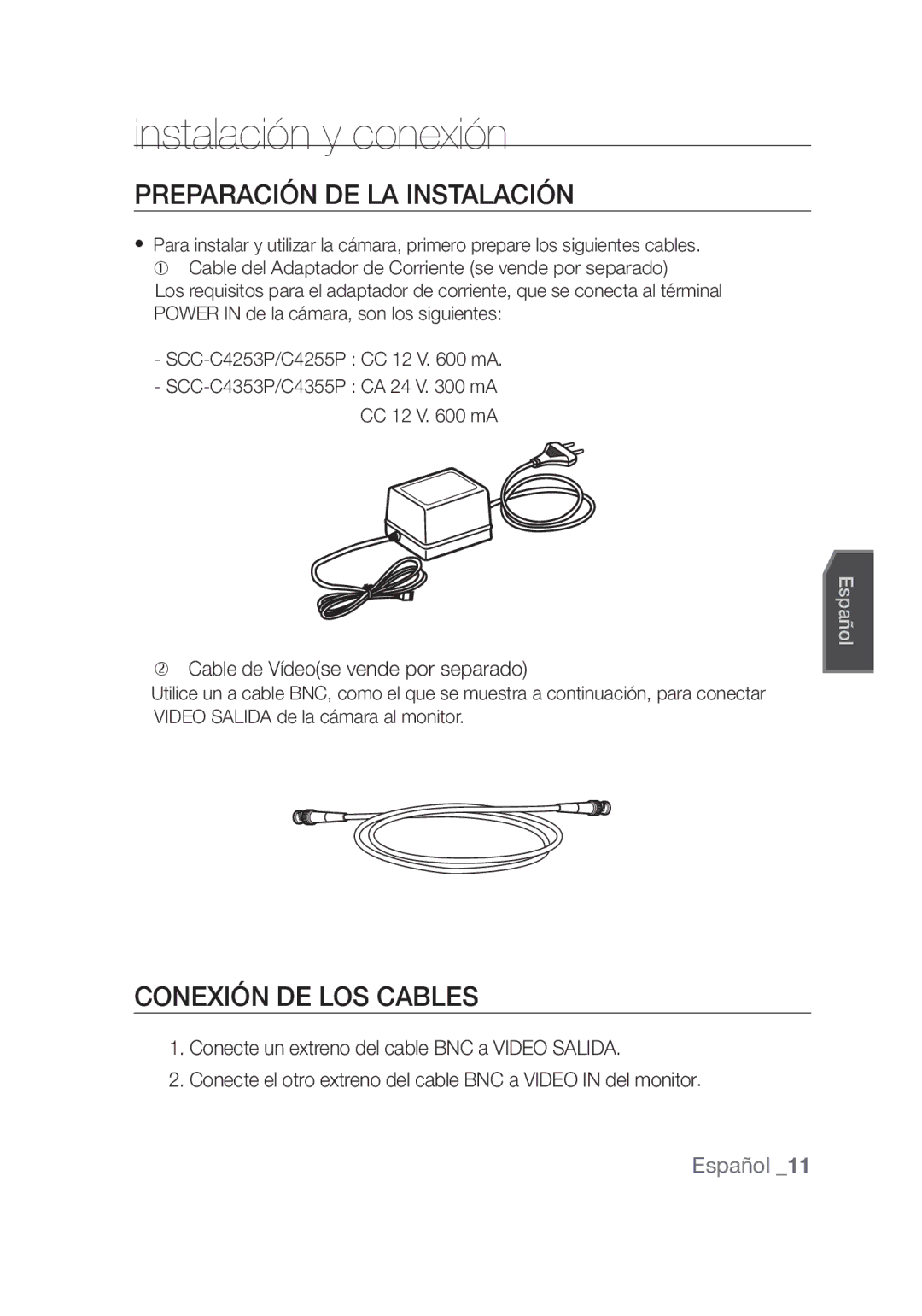 Samsung SCC-C4355P, SCC-C4253P manual Instalación y conexión, Preparación de la instalación, Conexión de los Cables, Español 