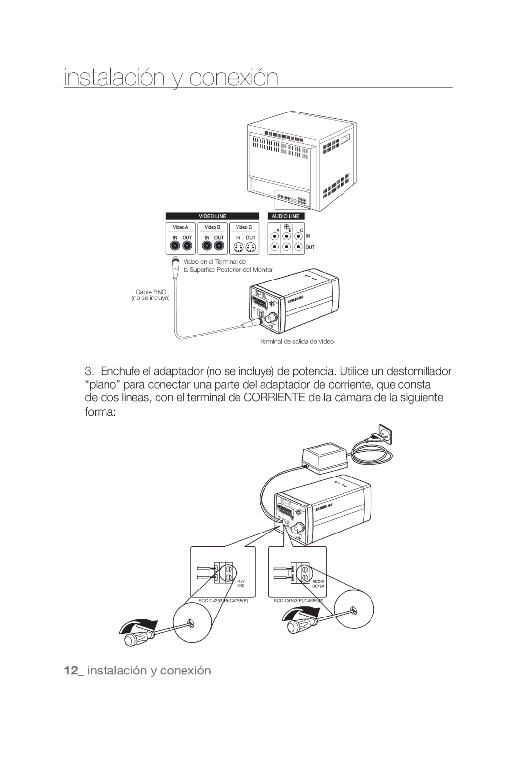 Samsung SCC-C4253P, SCC-C4355P manual Instalación y conexión 