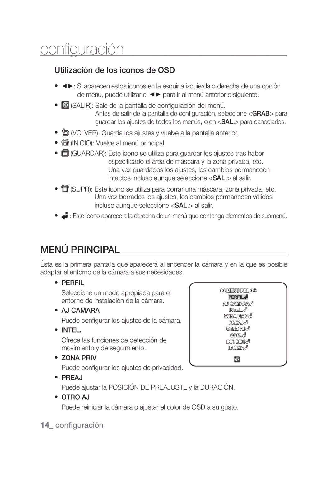 Samsung SCC-C4253P, SCC-C4355P manual Configuración, Menú principal, Utilización de los iconos de OSD 