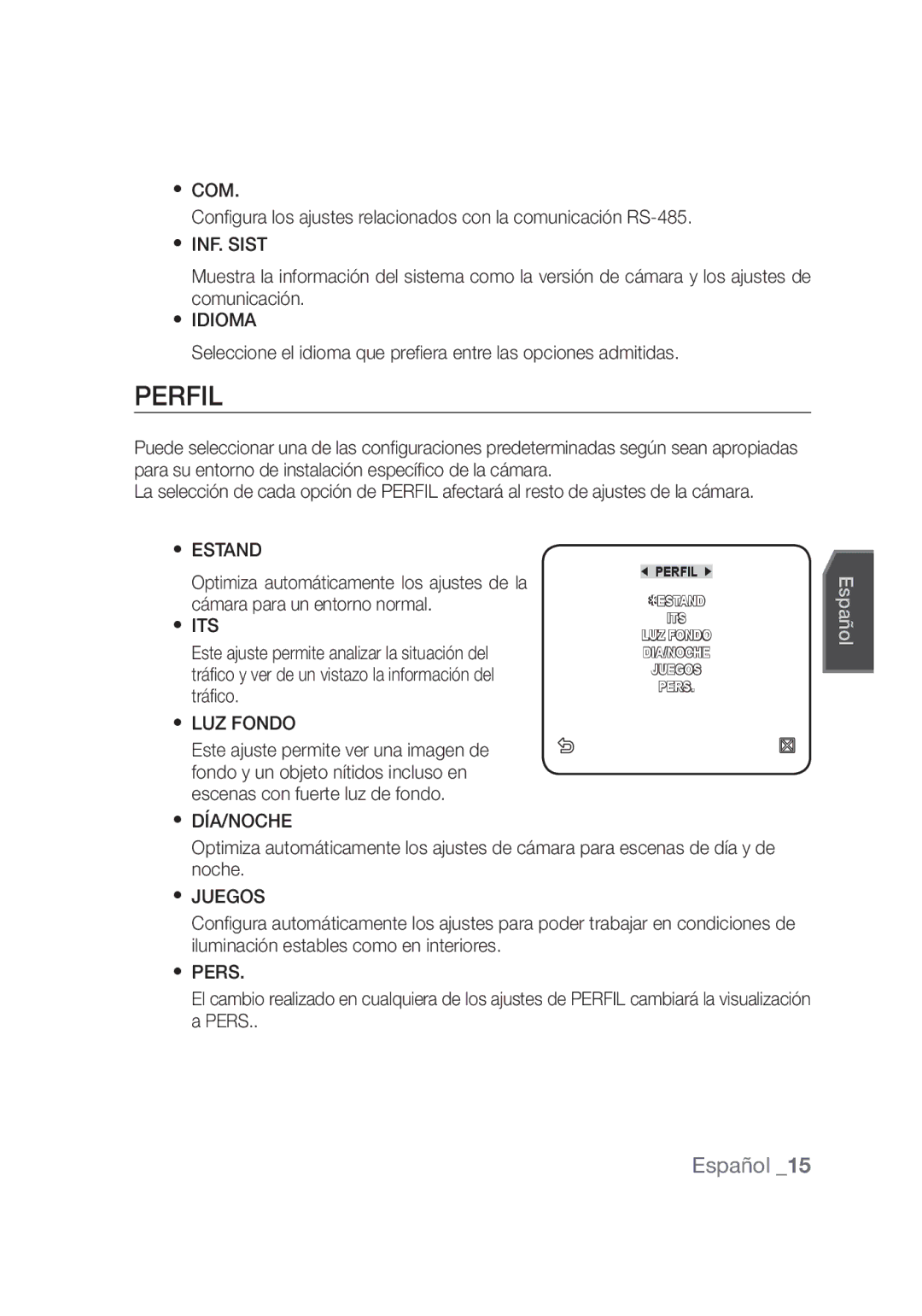 Samsung SCC-C4355P, SCC-C4253P manual Perfil 