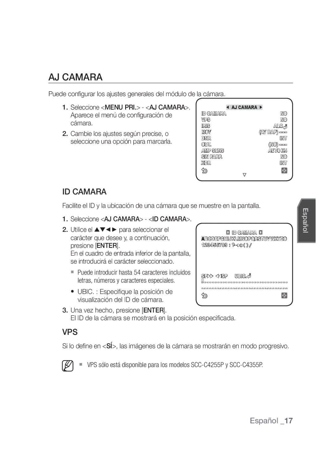 Samsung SCC-C4355P, SCC-C4253P manual AJ Camara, ID Camara 