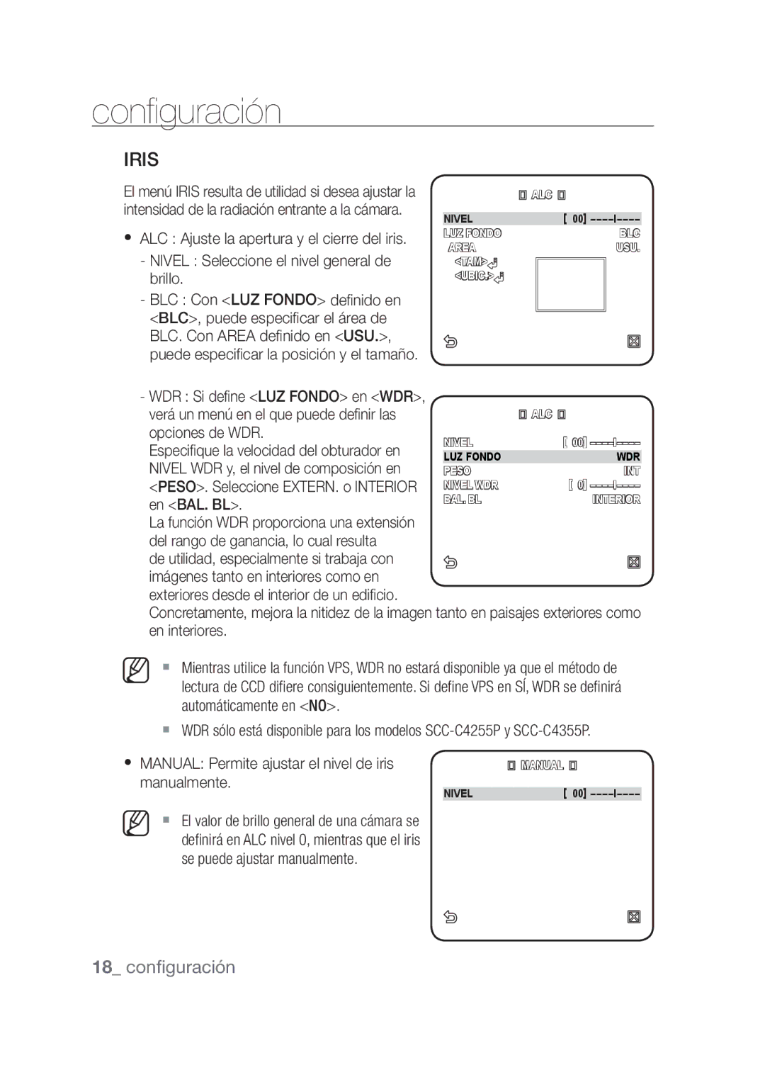 Samsung SCC-C4253P Nivel Seleccione el nivel general de, Brillo, Verá un menú en el que puede definir las, Opciones de WDR 