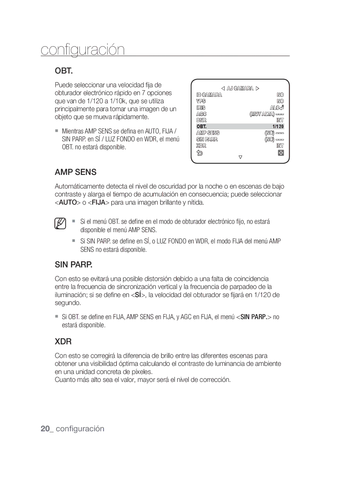 Samsung SCC-C4253P, SCC-C4355P manual Obt, SIN Parp, Disponible el menú AMP Sens, Sens no estará disponible 