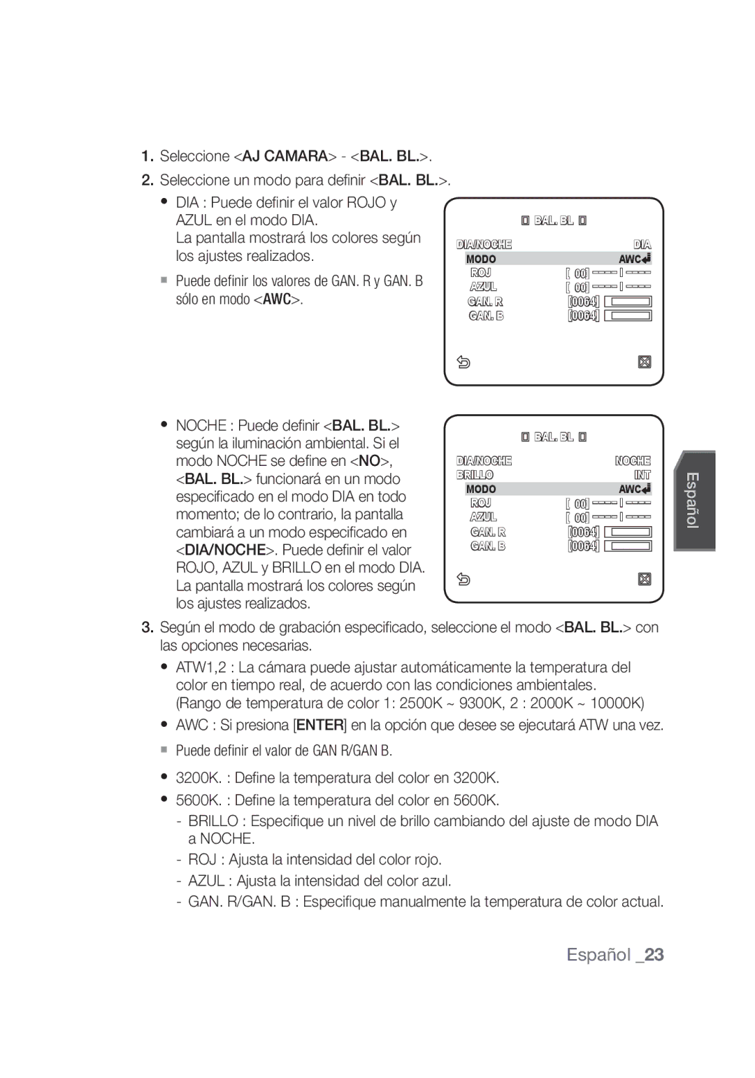 Samsung SCC-C4355P, SCC-C4253P manual Seleccione AJ Camara BAL. BL 