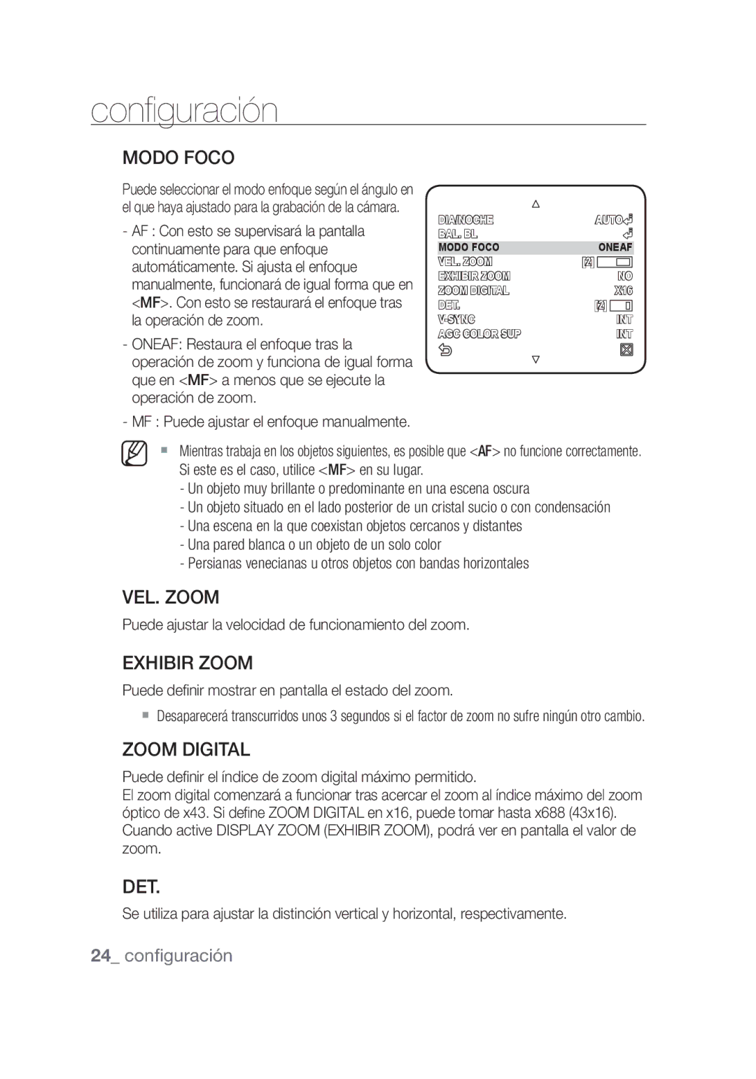 Samsung SCC-C4253P, SCC-C4355P manual Modo Foco, VEL. Zoom, Exhibir Zoom, Zoom Digital, Det 