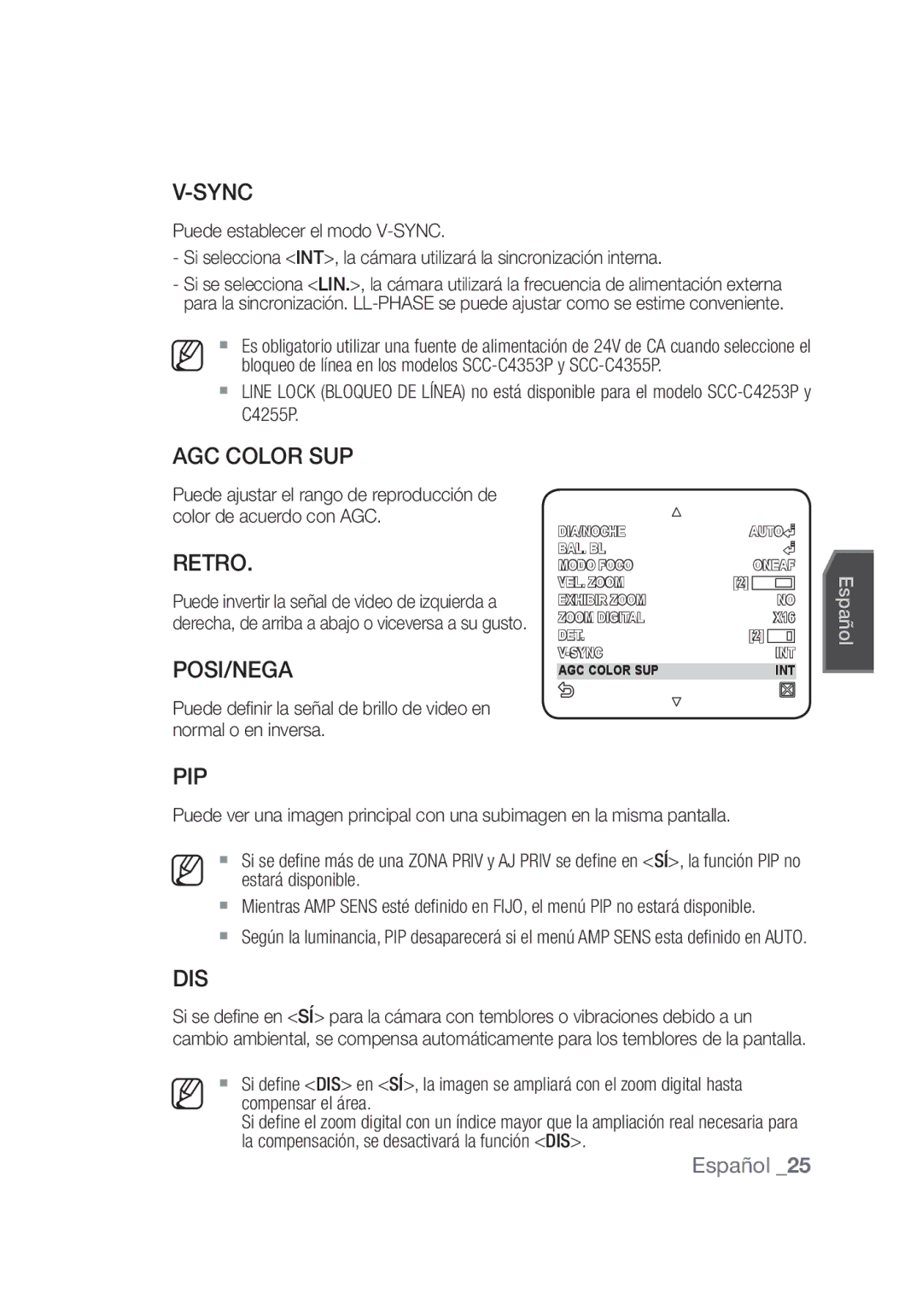 Samsung SCC-C4253P manual Retro, Bloqueo de línea en los modelos SCC-C4353P y SCC-C4355P, Compensar el área 