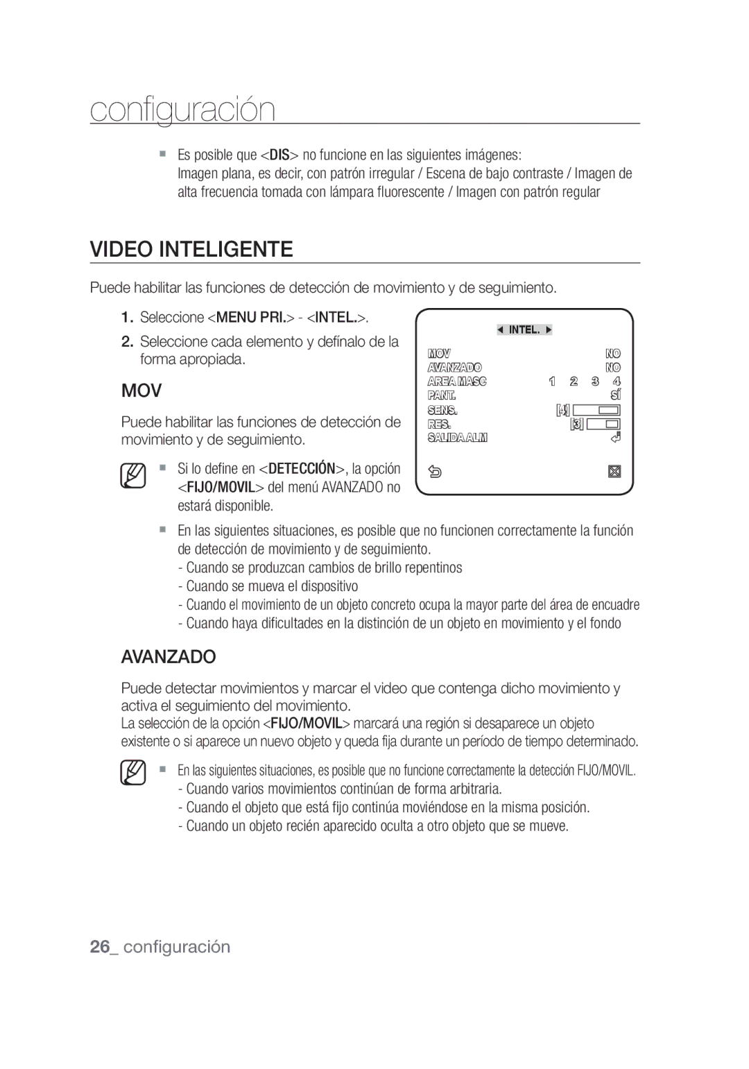 Samsung SCC-C4253P Video inteligente, Avanzado, Seleccione Menu PRI. Intel, Forma apropiada, Movimiento y de seguimiento 