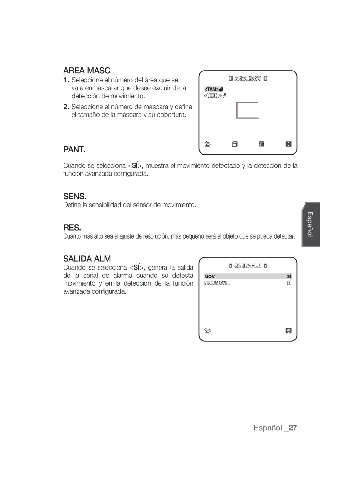 Samsung SCC-C4355P, SCC-C4253P manual Area Masc, Pant, Sens, Res, Salida ALM 