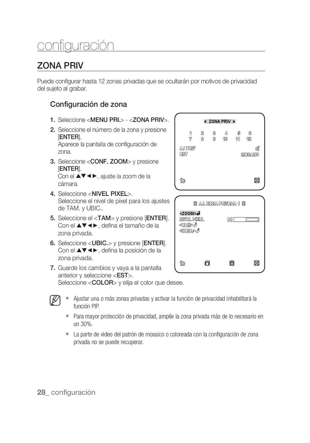 Samsung SCC-C4253P, SCC-C4355P manual Zona Priv, Configuración de zona, Función PIP, Un 30%, Privada no se puede recuperar 