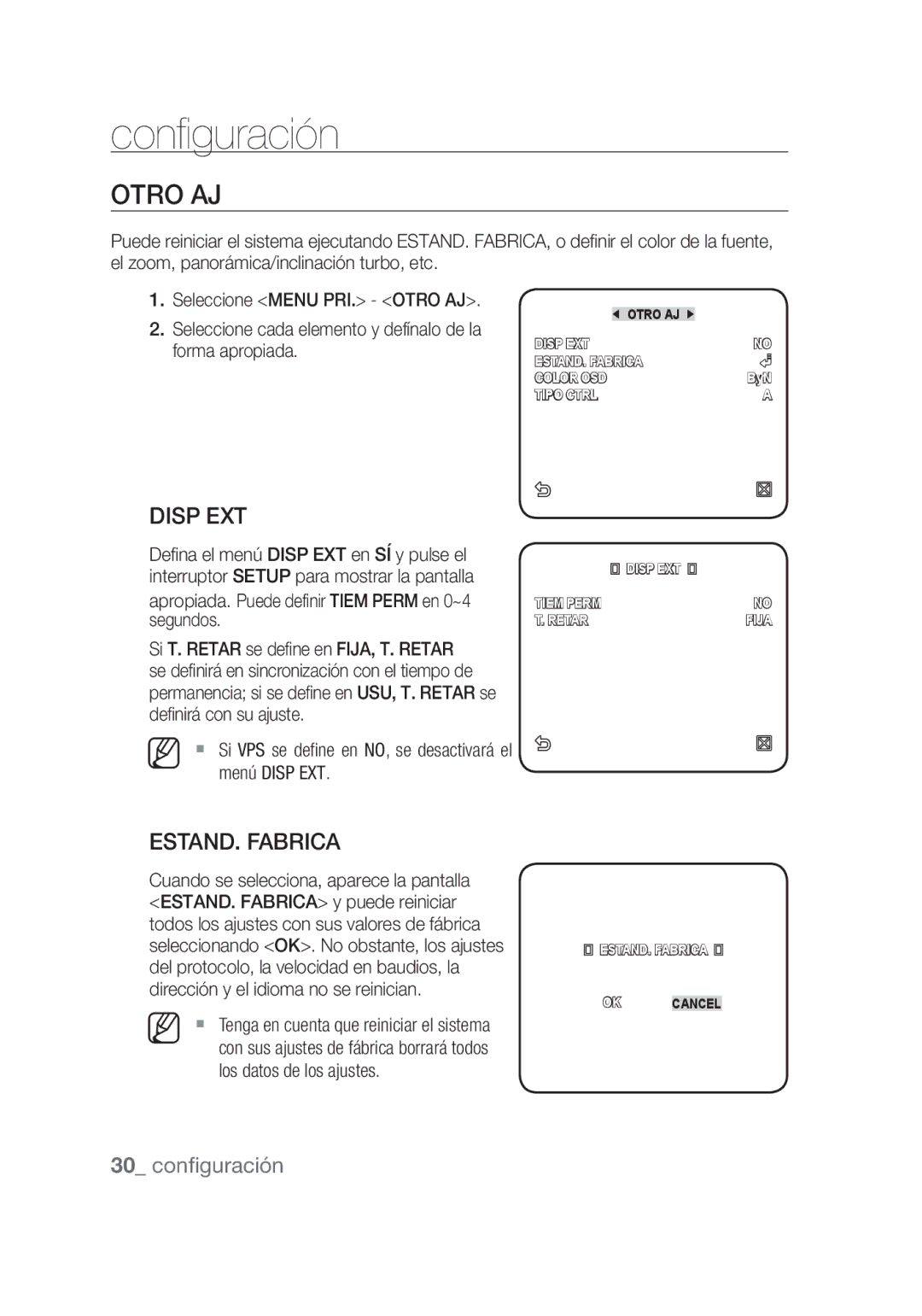 Samsung SCC-C4253P, SCC-C4355P manual Otro AJ, Disp EXT, ESTAND. Fabrica, Apropiada. Puede definir Tiem Perm en 0~4 segundos 