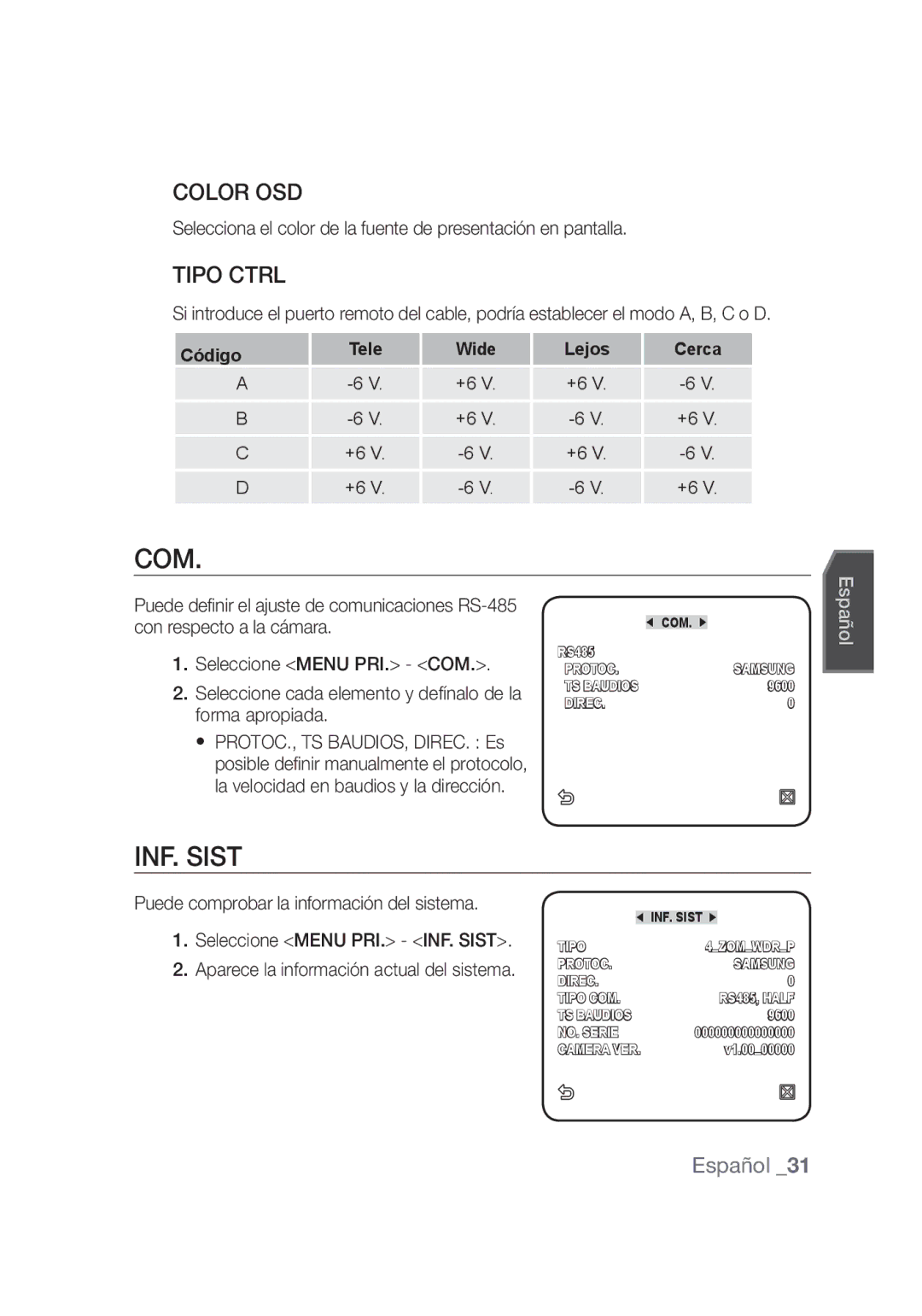 Samsung SCC-C4355P, SCC-C4253P manual Com, Color OSD, Tipo Ctrl 