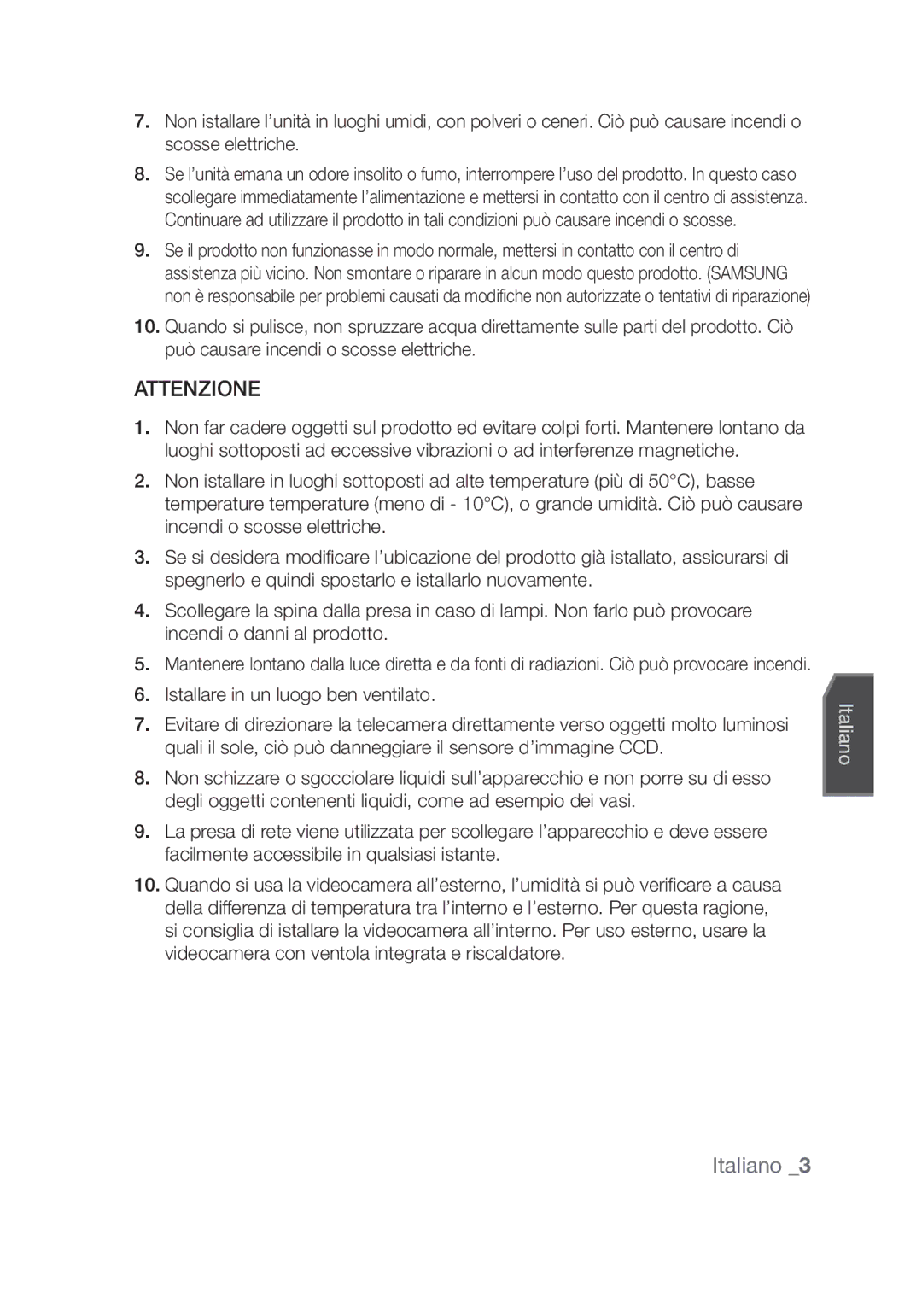 Samsung SCC-C4355P, SCC-C4253P manual Attenzione, Italiano  