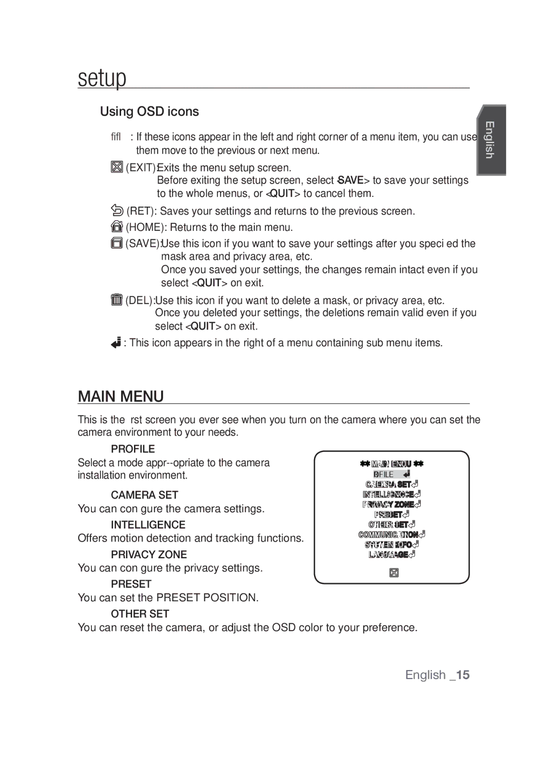 Samsung SCC-C4253P, SCC-C4355P manual Setup, Main Menu, Using OSD icons 