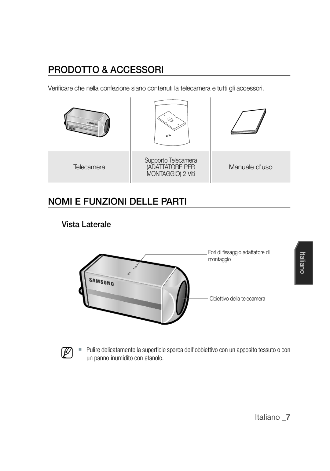 Samsung SCC-C4355P, SCC-C4253P manual Prodotto & Accessori, Nomi e funzioni delle parti, Vista Laterale, Manuale duso 