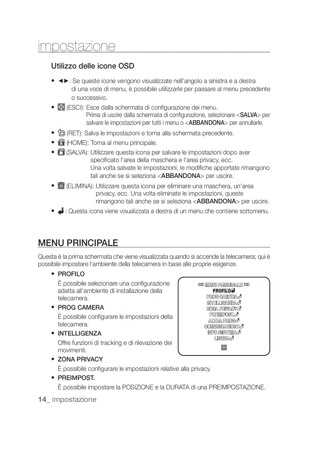 Samsung SCC-C4253P, SCC-C4355P manual Impostazione, Menu principale, Utilizzo delle icone OSD 