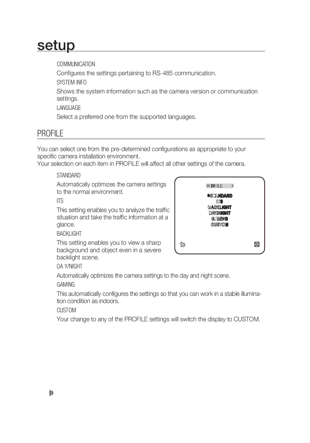 Samsung SCC-C4355P, SCC-C4253P manual Profile, Setup 